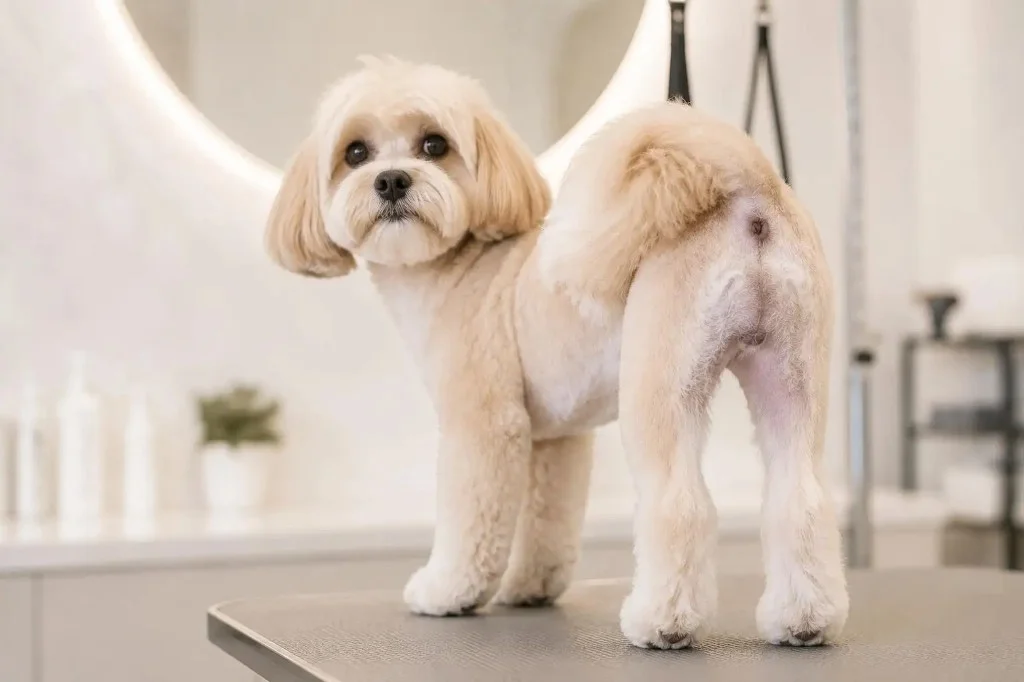 Small fluffy dog with a fresh hygiene groom on the Fluffy Buddy grooming table.